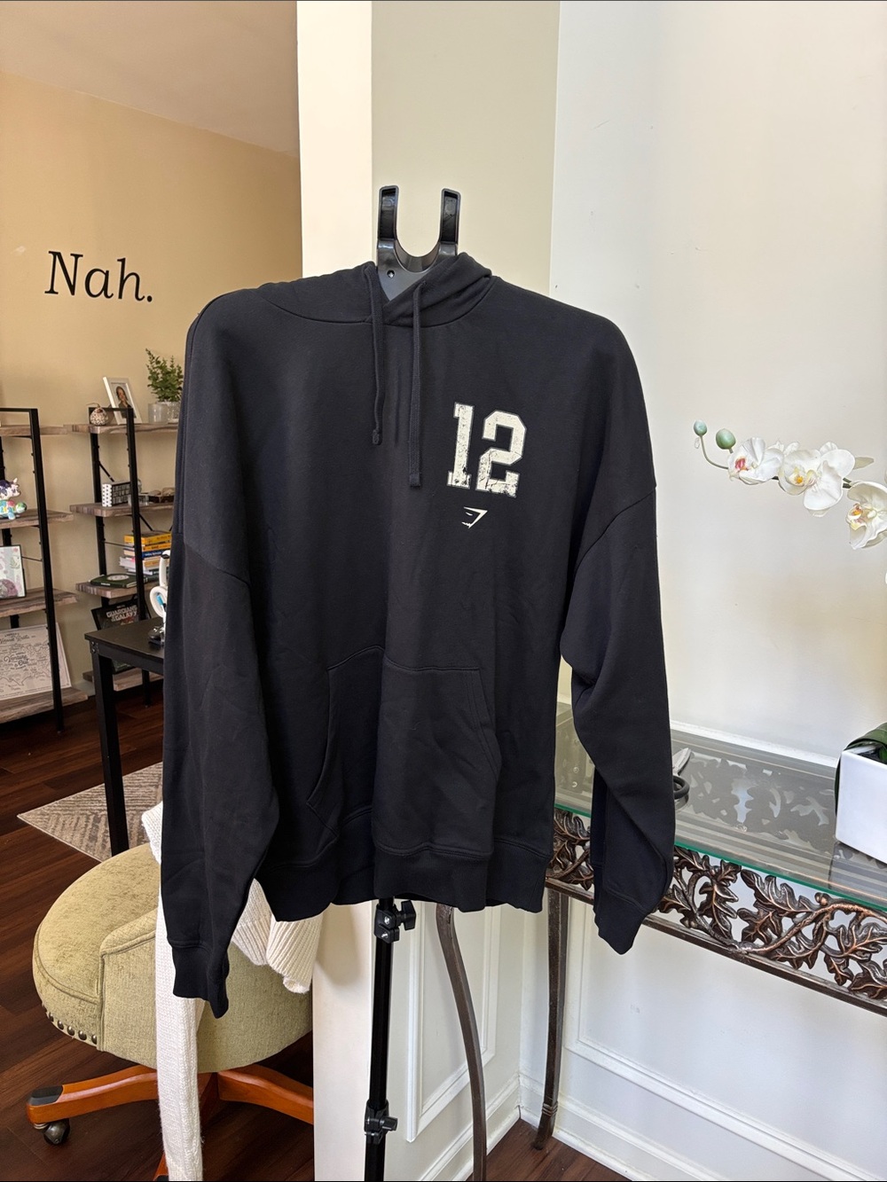 Gymshark Black Hoodie with Cream '12'  Print size Large